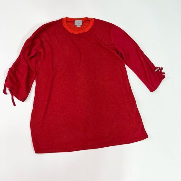 Grey Jason Wu Top Womens Medium Red Cotton Stretch Knit 3/4 Tie Sleeve Blouse - Picture 1 of 11